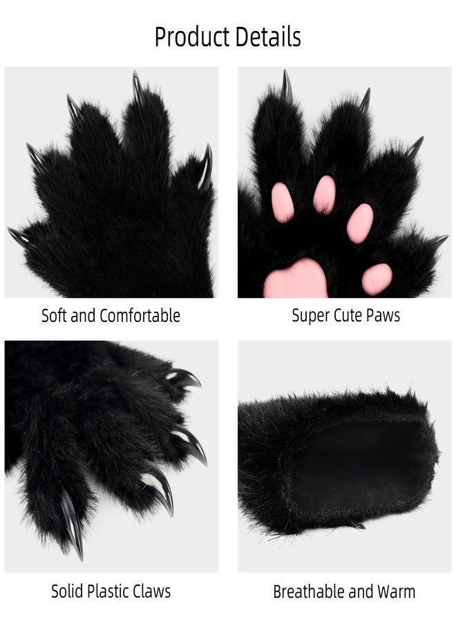 HAOAN Wolf Paw Gloves Faux Fur Cat Fingerless Mittens Winter Warm Cosplay Halloween Fancy Party Costume Accessories (black01) - Image 3